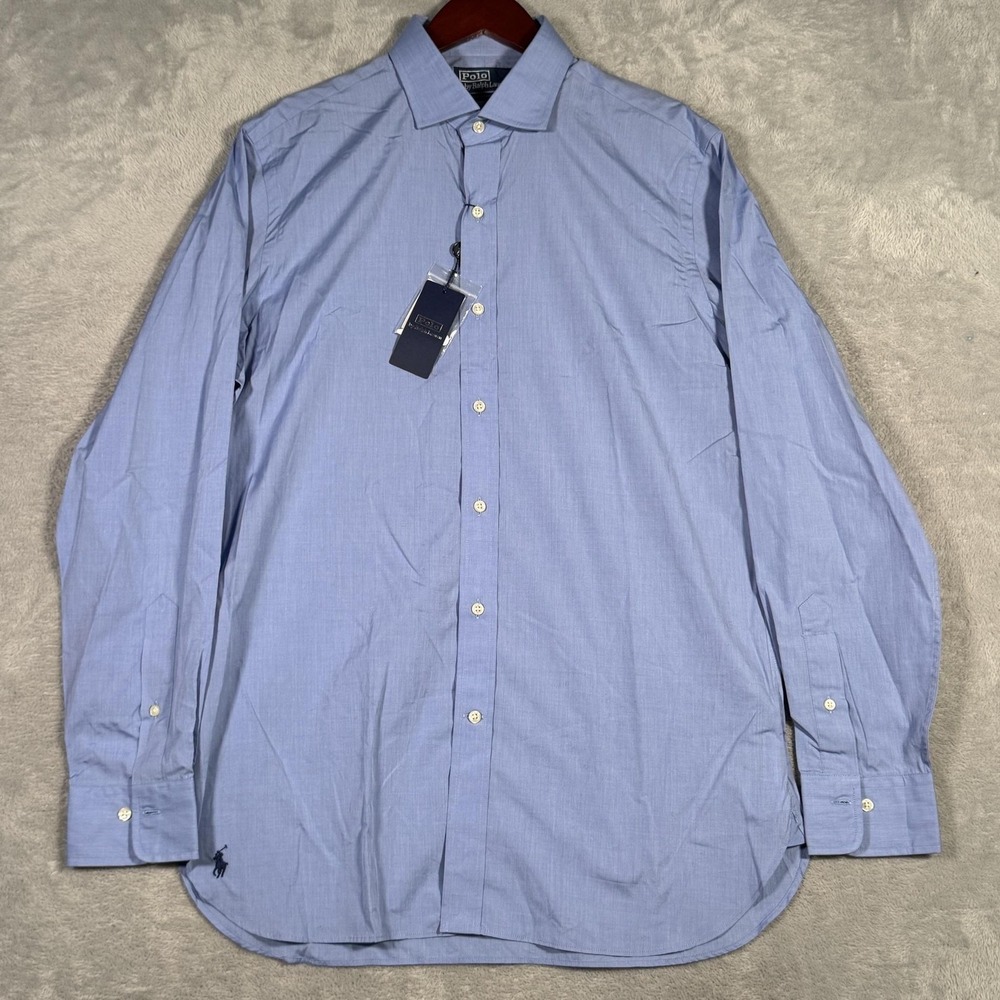 Polo Ralph Lauren Shirt Mens 16 M Blue Solid Custom Fit Dress Long Sleeve Poplin